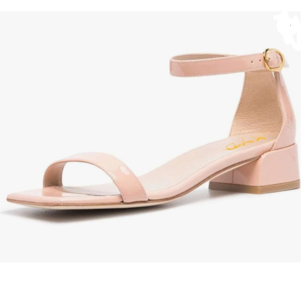 XYD Light Pink Open Toe Ankle Strap Buckled Low Chunky Heel Sandals
